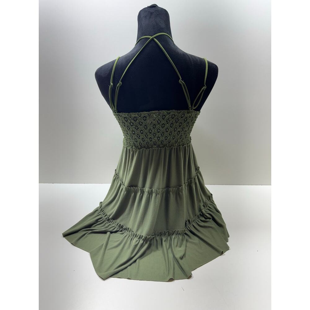 Y2K Boho Babydoll Tiered Mini Dress Green Sz Large Strappy Juniors Coquette - Picture 3 of 11